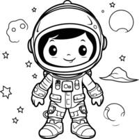 Cute astronaut boy in space suit and helmet. Black and white illustration. vector