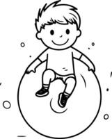 pequeño chico sentado en un grande pelota en dibujos animados estilo. vector
