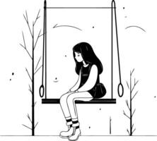 Young woman sitting on swing in autumn park in flat cartoon style. vector