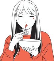 Illustration of a young woman eating a bowl of noodle. vector