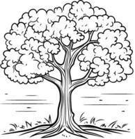 ilustración de un negro y blanco roble árbol en un campo. vector