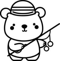 Cute cartoon bear with fishing rod on white background. vector