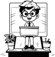 Funny nerd boy with computer. Black and white illustration. vector