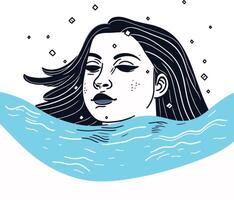 Beautiful woman in the sea. Hand drawn illustration in sketch style. vector