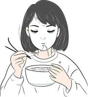 comiendo. japonés alimento. alimento. comida. cena. muchacha. japonés. ilustración. almuerzo. mujer. persona. blanco antecedentes. lindo. dama. adulto. uno. 20 años. gente. joven. 20 años. vector