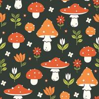 Forest seamless pattern with fly agarics and flowers. graphics. vector