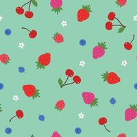 Seamless pattern with different berries on a green background. graphics. vector