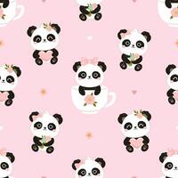 Seamless pattern with cute kawaii panda girls. graphics. vector