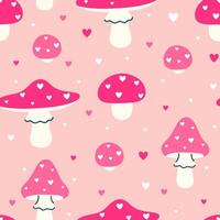 Seamless pattern with pink fly agarics in hearts. graphics. vector