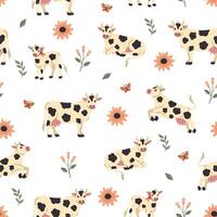 Seamless pattern with cows and flowers. graphics. vector