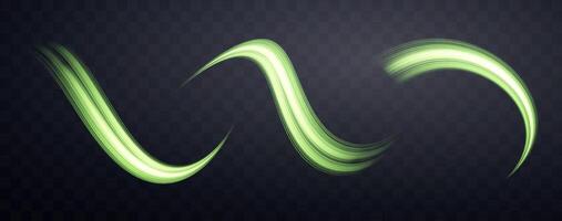 Glowing green lines set. Neon realistic energy speed. Abstract light effect vector