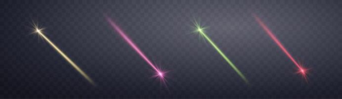 Glowing magic laser beams set. Neon line, presentation pointer. Blue glow flare light effect. vector