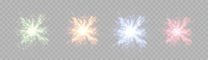 Glowing magic sparkles. Glittering dots, particles and stars. Glow flare light effect. Luminous points different colors. vector