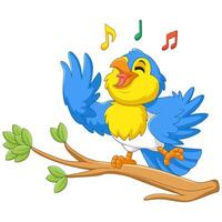 pájaro azul de dibujos animados cantando en la rama de un árbol vector