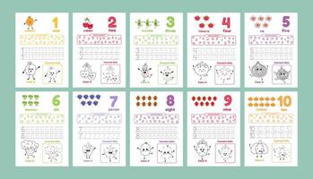 Activity worksheets for kids education with many exercises. Learning numbers from 1 to 10. Trace, color, dot to dot on one page vector