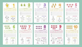 Activity worksheets for kids with many exercises. Learning numbers from 1 to 10. Trace, color, dot to dot on one page vector