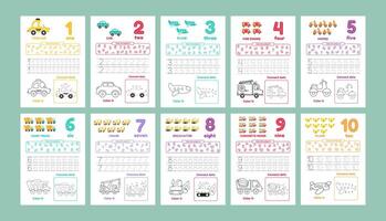 Activity worksheets for kids education with many exercises. Learning numbers from 1 to 10. Trace, color, dot to dot on one page vector