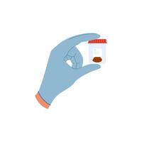 Hand in a blue glove holding plastic container with feces sample. Stool analysis. vector