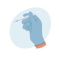 Hand in rubber gloves holding syringe with liquid to inject medicine to patient. Healthcare concept vector