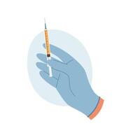 Doctor hand in rubber glove holding syringe with liquid for injection. Vaccination concept vector