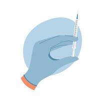 Doctor hand in rubber glove holding syringe with liquid for injection. Vaccination concept vector