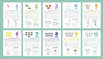 Activity worksheets for kids education with many exercises. Learning numbers from 1 to 10. Trace, color, dot to dot on one page vector