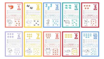 Activity worksheets for kids education with many exercises. Learning numbers from 1 to 10. Trace, color, dot to dot on one page vector