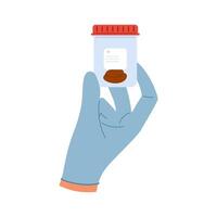 Stool analysis. Laboratory container in hand with excrement. Plastic container with feces sample vector