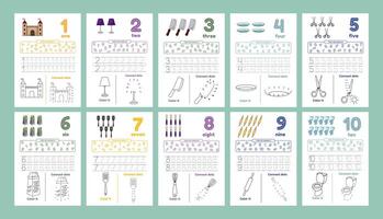 Activity worksheets for kids education with many exercises. Learning numbers from 1 to 10. Trace, color, dot to dot on one page vector