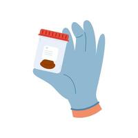 Hand in a blue glove holding plastic container with feces sample. Stool analysis vector