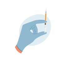 Doctor hand in rubber glove holding syringe with liquid for injection. Vaccination concept vector