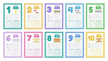 Activity worksheets for kids education with many exercises. Learning numbers from 1 to 10. Trace, color, dot to dot on one page vector