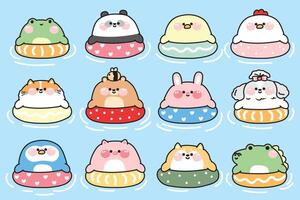 Set of cute chubby animal stay in swimming ring pool background.Summer collection.Sea.beach.Frog,rabbit,bear,dog,penguin hand drawn.Kawaii.Illustration. vector