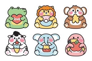 Set of cute animals lay and hold various obeject on white background.Crocodile,lion,monkey,cow,elephant,flamingo hand drawn.Cartoon character design.Kawaii.Illustration. vector