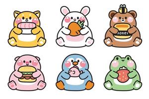 Set of cute animals lay and hold various obeject on white background.Shiba inu dog,rabbit,bear,pig,penguin,frog hand drawn.Cartoon character design.Kawaii.Illustration. vector