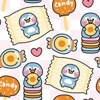 Seamless pattern of cute penguin with candy and heart background.Bird animal character cartoon design.Sweet.Dessert.Kawaii.Illustration. vector