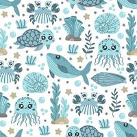 Wild ocean life seamless pattern. Sea animals - blue whale, cute turtle, funny jellyfish and crab. Underwater reef pets among seaweed, shells, corals, starfish. Hand drawn marine background vector