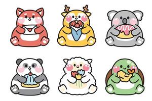 Set of cute animals lay and hold various obeject on white background.Fox,deer,koala bear,panda,sheep,turtle hand drawn.Cartoon character design.Kawaii.Illustration. vector