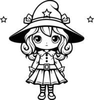 Black and White Cartoon Illustration of Cute Little Witch Girl Coloring Book vector