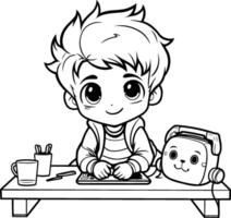 Cute little boy drawing with pencils on table. vector