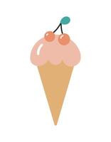 Ice cream with cherry. Flat cartoon illustration isolated on white background. For card, posters, stickers, banners, printing on the pack, printing on clothes, fabric, wallpaper. vector