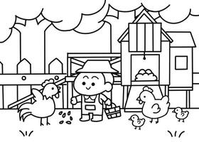 Little kid feeding chicken coloring pages style. vector