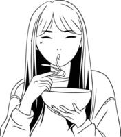 ilustración de un joven mujer comiendo un cuenco de fideos. vector