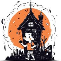 Cute little boy in front of a haunted house. vector