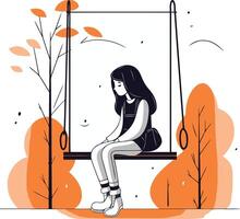 Young woman sitting on swing in autumn park in flat cartoon style. vector