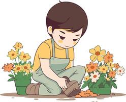 linda pequeño chico plantando flores en el jardín. vector