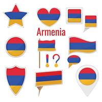 Various Armenia flags set on pole, table flag, mark, star badge and different shapes badges. Patriotic armenian sticker vector