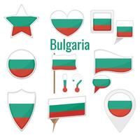 Various Bulgaria flags set on pole, table flag, mark, star badge and different shapes badges. Patriotic bulgarian sticker vector