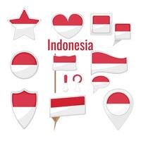 Various Indonesia flags set on pole, table flag, mark, star badge and different shapes badges. Patriotic indonesian sticker vector