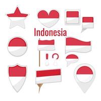 Various Indonesia flags set on pole, table flag, mark, star badge and different shapes badges. Patriotic indonesian sticker vector